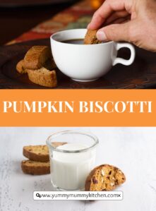 A collage of two photos of pumpkin biscotti. Text overlay over an orange colored stipe reads "pumpkin biscotti."