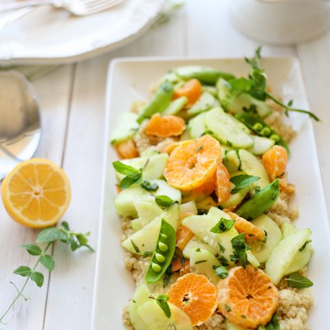 Spring salad with snap peas and pixie tangerines.