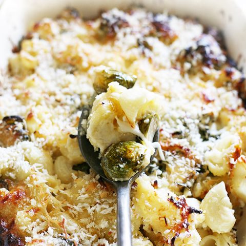 Baked mac and cheese with roasted Brussels sprouts