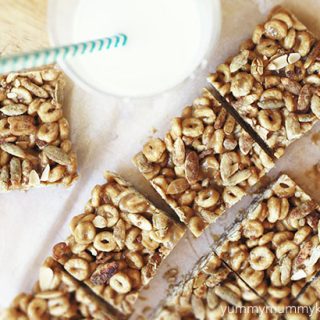 cheerio bars made with sunflower seed butter for a school snack.
