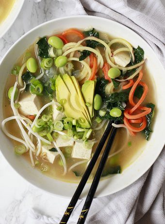 A bowl of miso soup with spiralized vegetable noodles.
