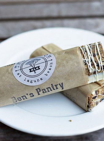 The most delicious peanut butter cranberry granola bars drizzled in white chocolate. This recipe is from the chef at The Ranch at Laguna Beach.