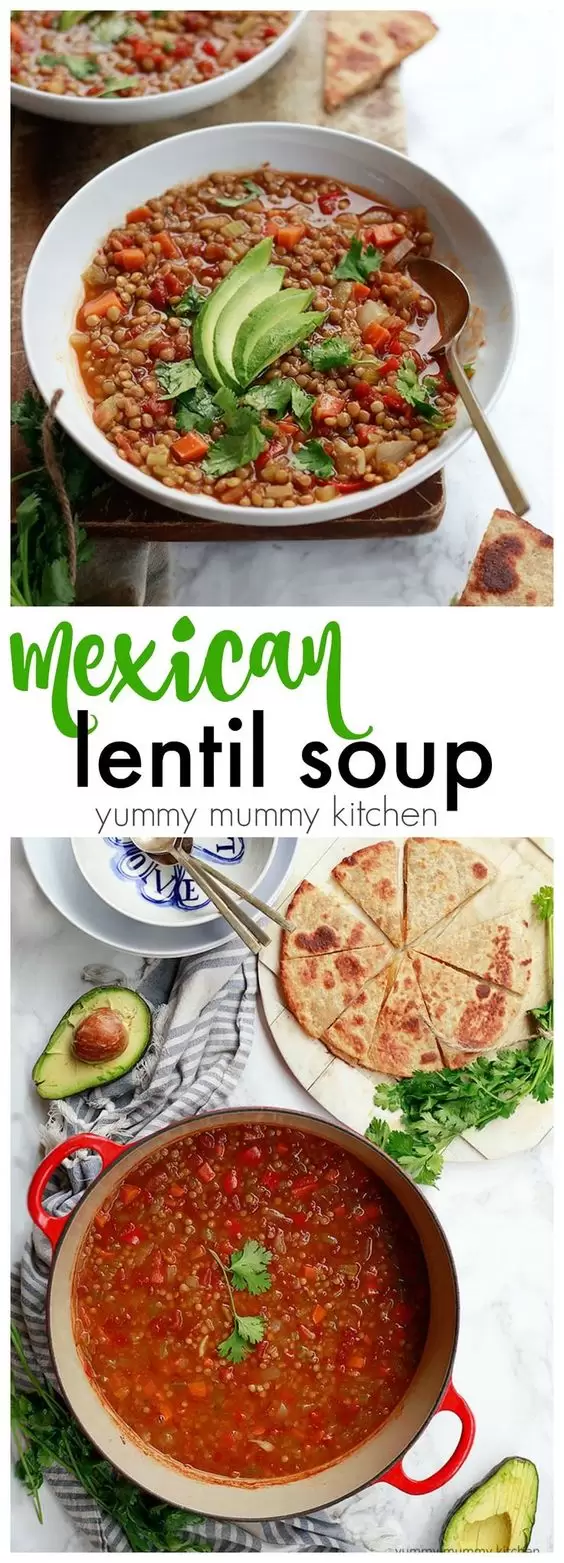Mexican lentil soup served with a quesadilla and avocado for a delicious vegetarian dinner.