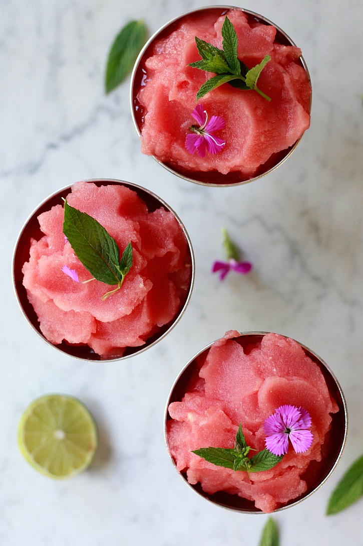 pink frosé cocktails made with rosé wine and frozen watermelon 