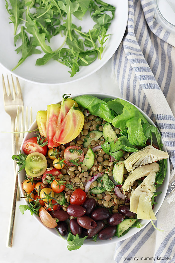 lentil salad with tomatoes, cucumber, and olives