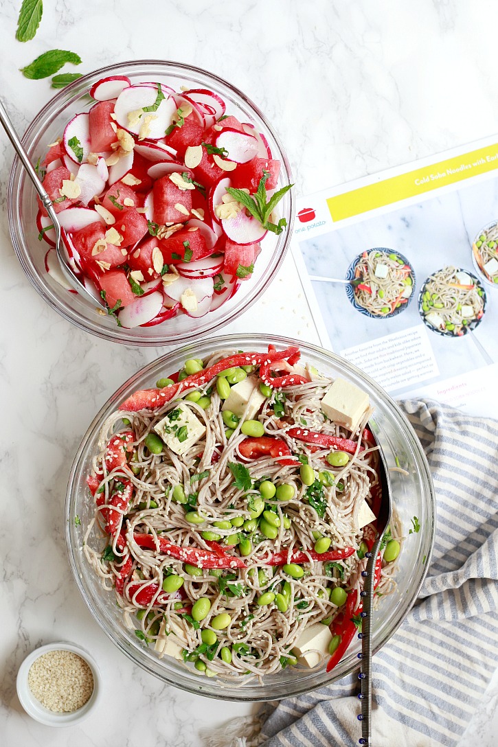 Cold Soba Noodles with peppers, edamame, and tofu from One Potato Box