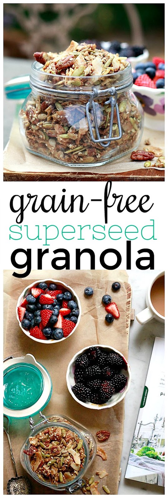 This easy grain-free granola recipe is loaded with seeds, nuts, and coconut and makes a delicious and healthful vegan, paleo breakfast or snack. It's also a great DIY edible gift idea.