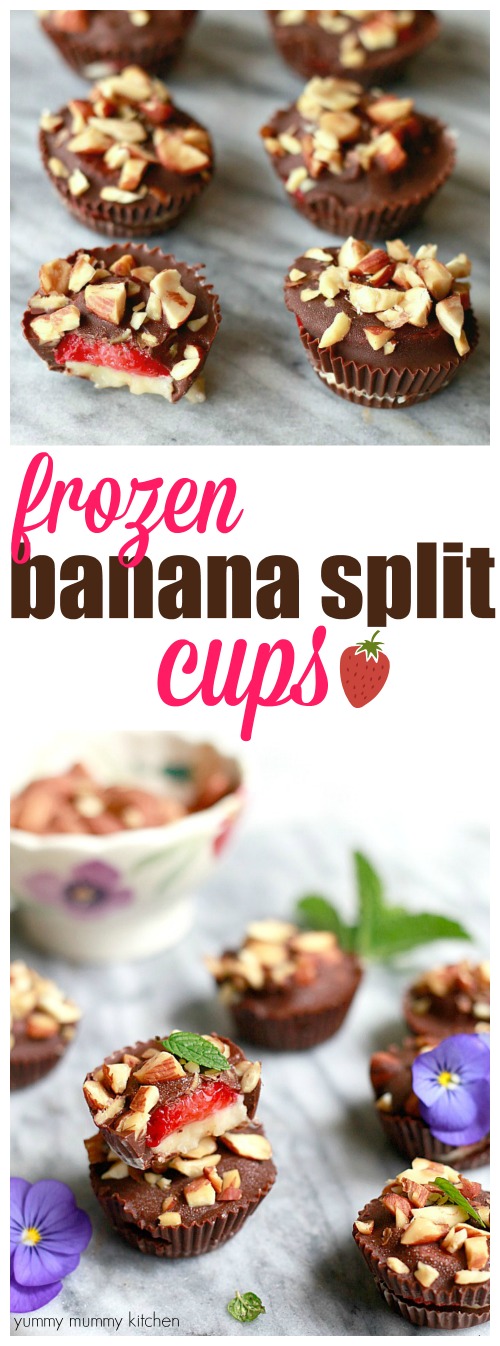 These chocolate covered frozen banana split bites make a delicious healthier treat. These are vegan and gluten-free. You're going to love these easy frozen banana bites!