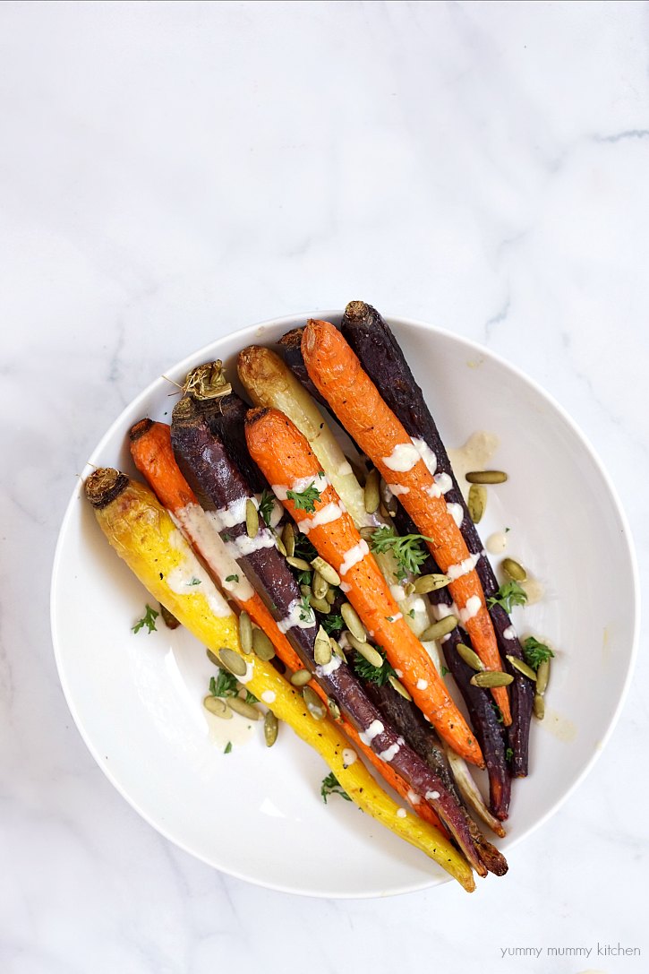 This tahini sauce is delicious drizzled over roasted vegetables like rainbow carrots.