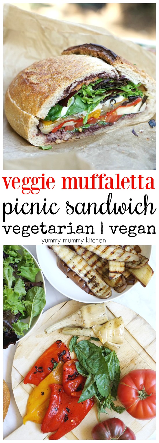 Vegetarian and vegan muffaletta stuffed picnic sandwich