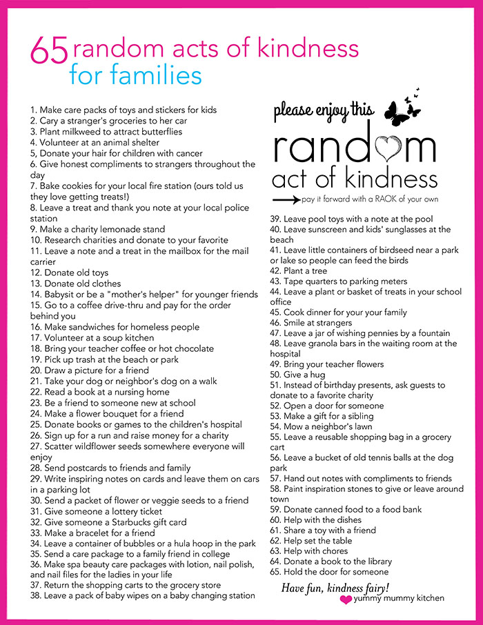 65 random acts of kindness ideas in a list. 