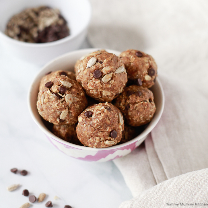 Nut-Free Gluten-Free No Bake energy balls with sunflower seeds and chocolate chips. 