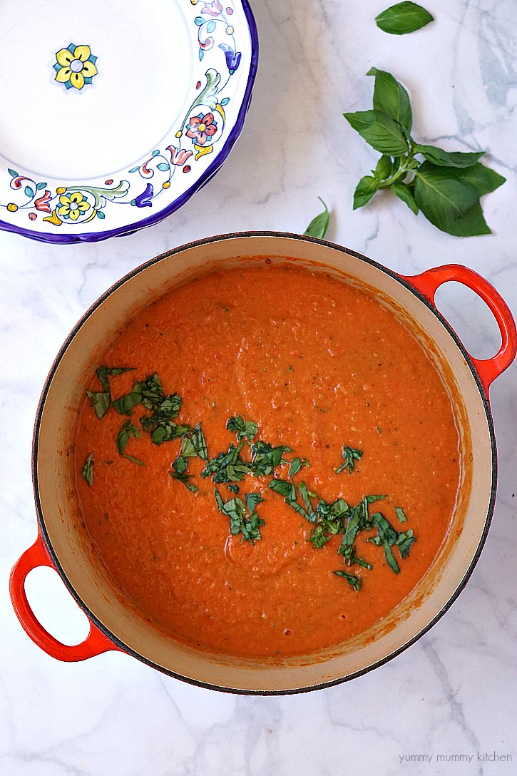 Easy vegan tomato soup made with fresh tomatoes and basil. 
