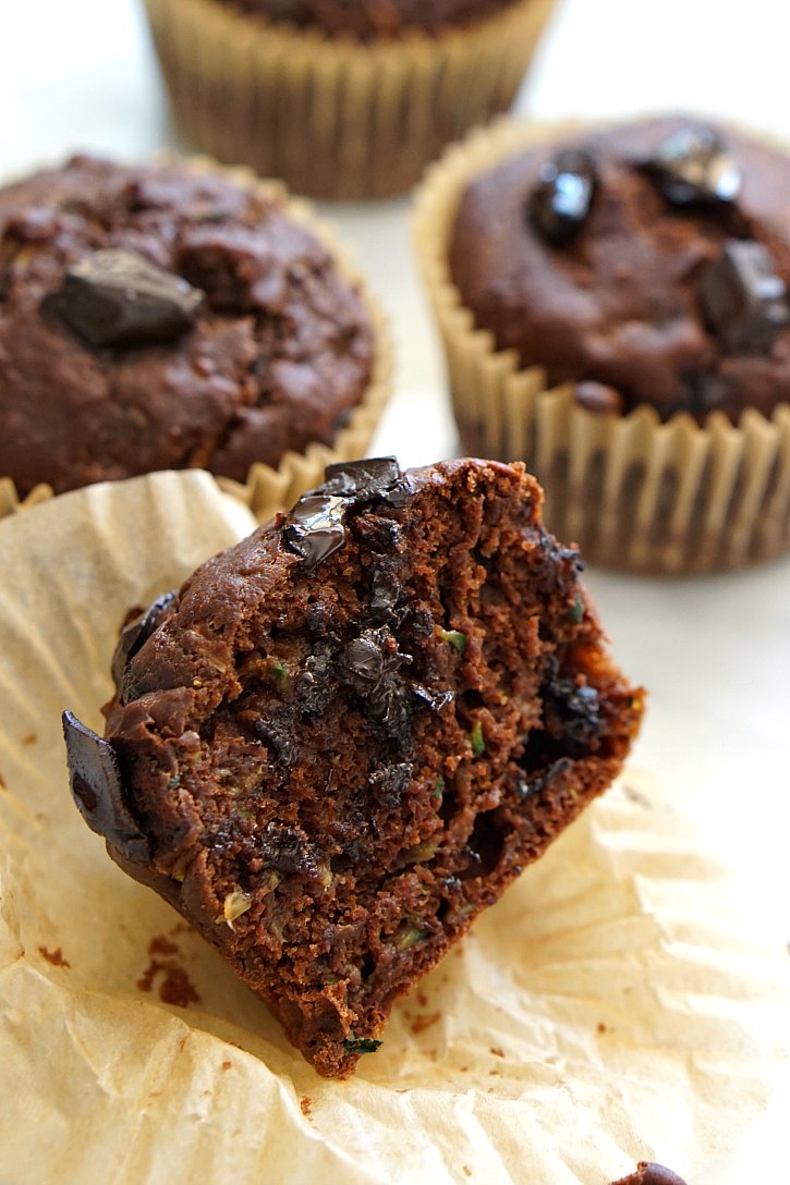 These vegan double chocolate zucchini muffins are loaded with natural ingredients like coconut oil and maple syrup, and studded with melty chocolate chunks. 
