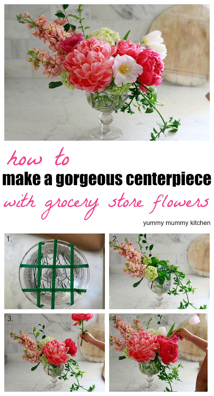 How to make a floral arrangement centerpiece with grocery store flowers. 
