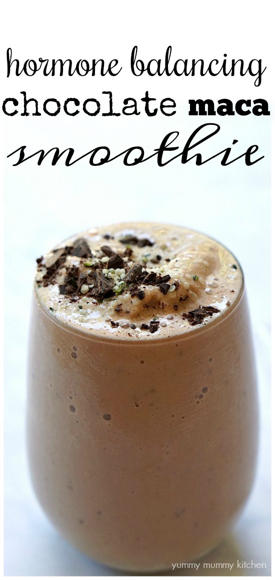 Hormone balancing vegan chocolate maca smoothie recipe. 