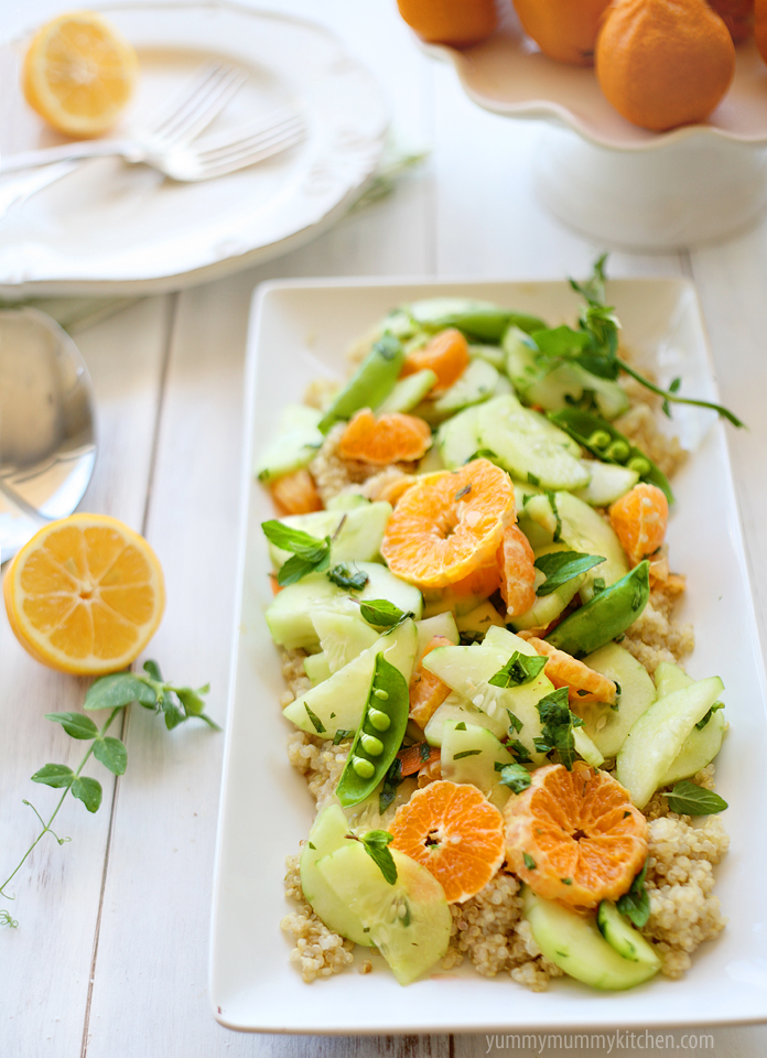 Quinoa salad with cucumbers, snap peas, cucumber, and tangerines. 