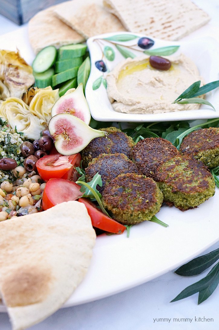 These baked vegan falafel are delicious with hummus on a mezze platter. 