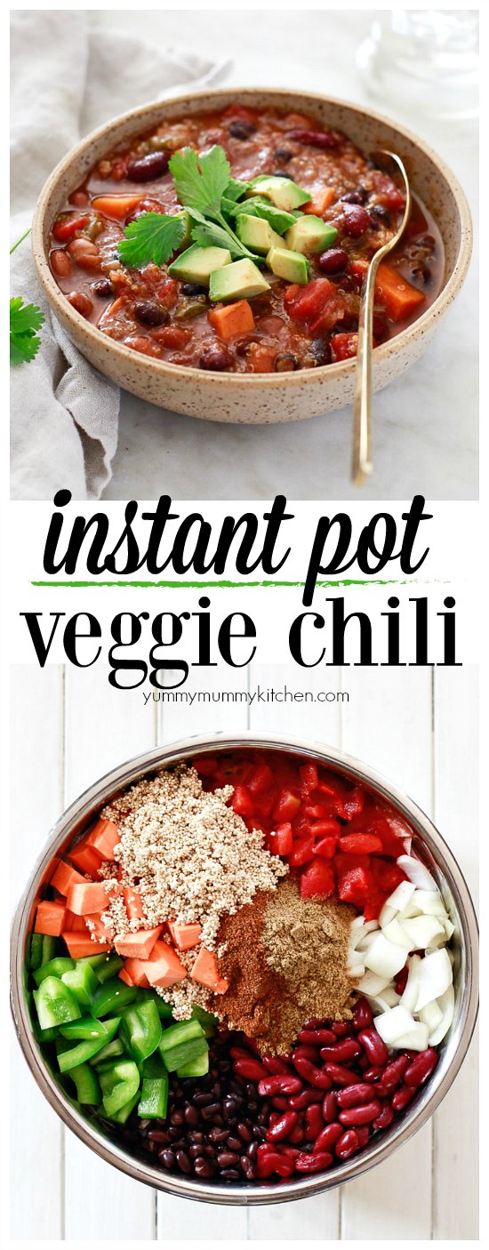 This instant pot vegetarian chili is filled with quinoa, sweet potato, and beans. It's so easy to make in the Instant Pot pressure cooker or slow cooker and naturally vegan, vegetarian, and gluten-free. Chili is a delicious and easy vegetarian and vegan dinner idea. 