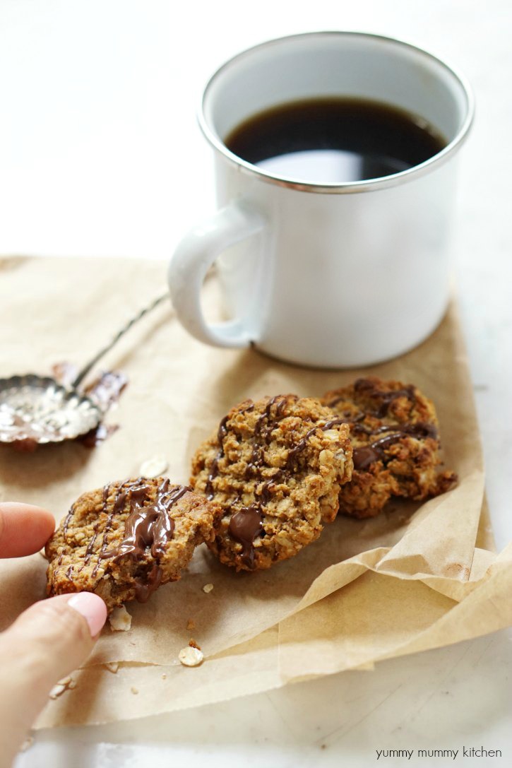Vegan peanut butter oatmeal breakfast cookies with a chocolate drizzle. 