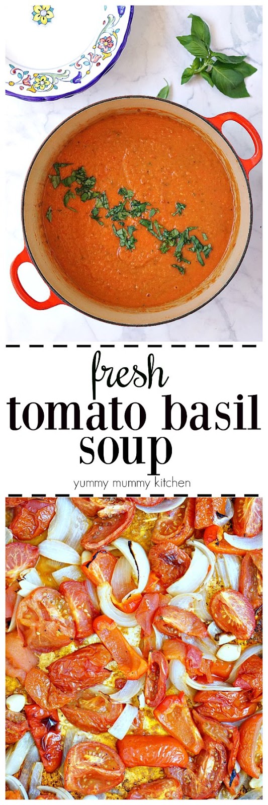 This fresh tomato basil soup is so easy and delicious! Fresh tomatoes are roasted in the oven and blended in a blender with fresh basil. This creamy tomato soup is naturally vegan. 