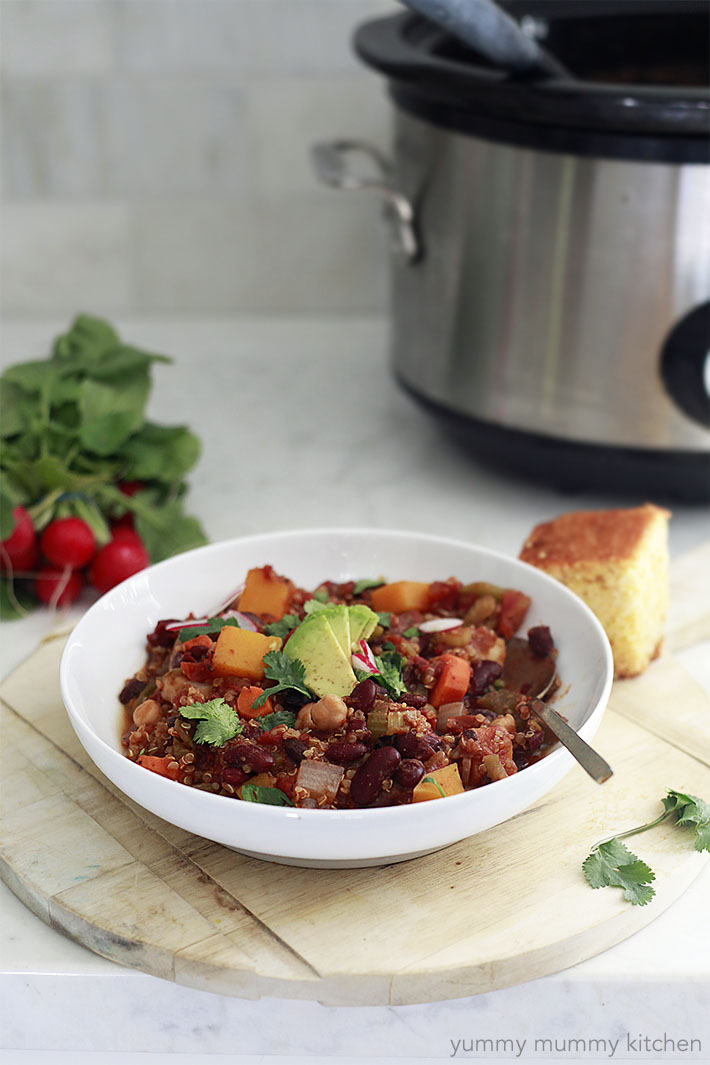 easy vegetarian slow cooker chili with beans, quinoa, and butternut squash