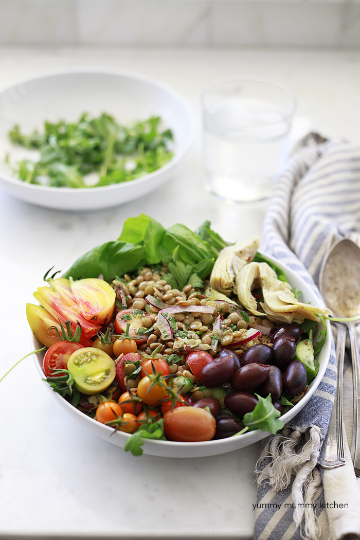 green lentil salad with tomatoes and mustard vinaigrette