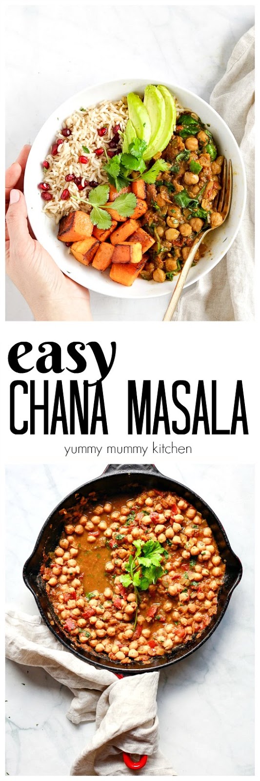 This easy chana masala makes an easy vegan dinner or part of a beautiful Buddha bowl. Served with rice, quinoa, naan, or vegetables. 
