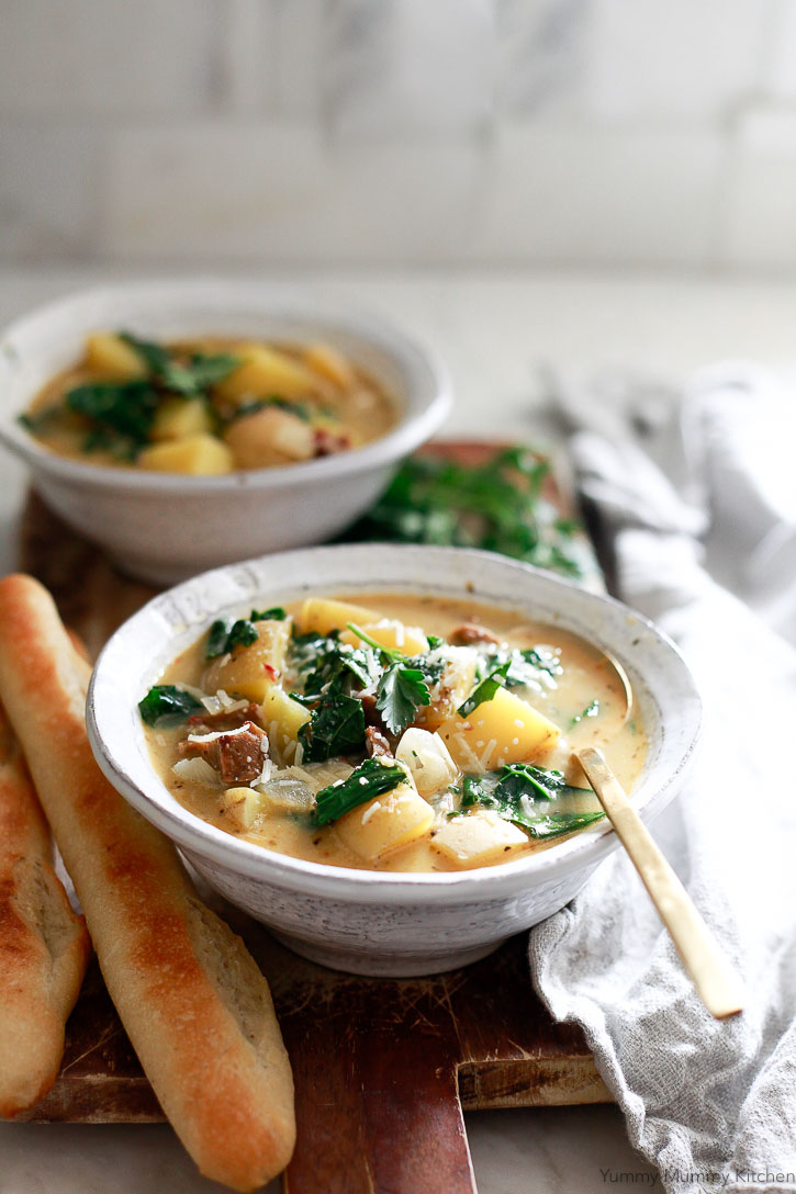 Olive Garden Zuppa Toscana with veggie sausage, potatoes, kale, and coconut milk is an easy dinner recipe.