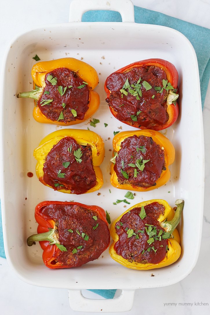 Vegan stuffed peppers made out of lentil meatloaf. 