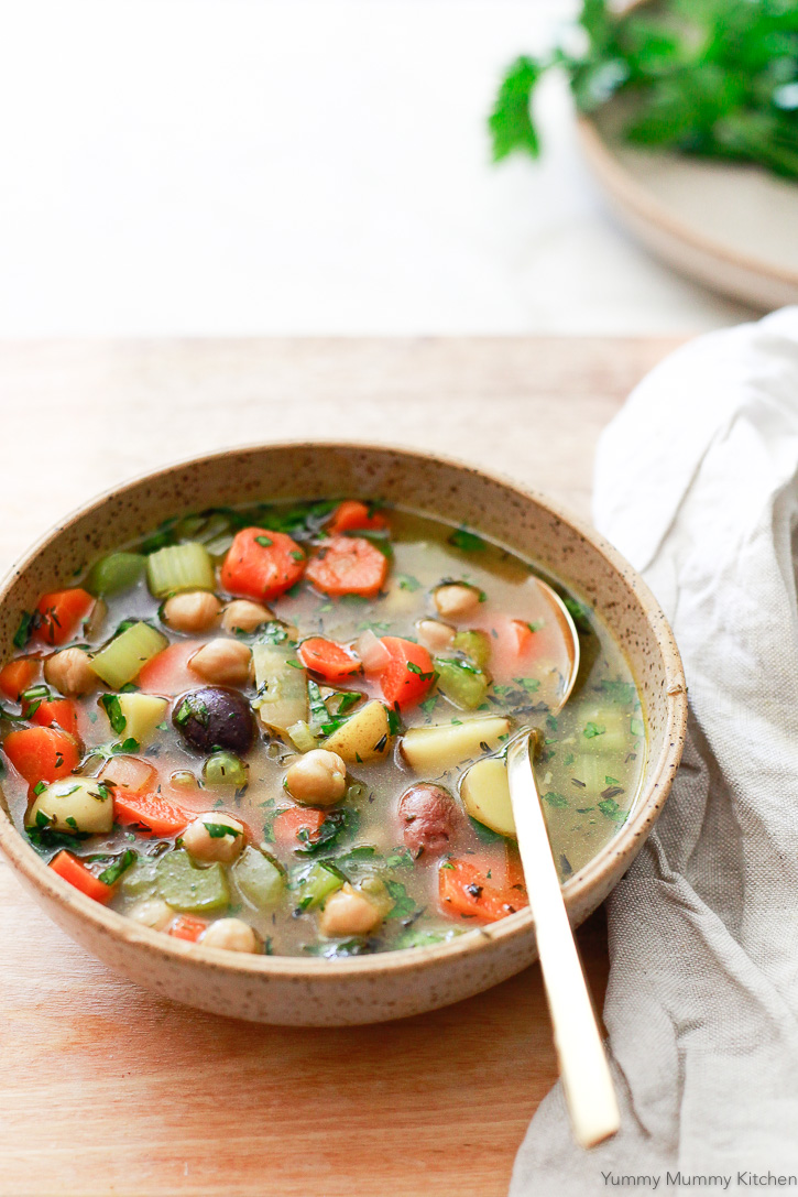 Easy vegetarian chicken soup made with vegetables and chickpeas. 