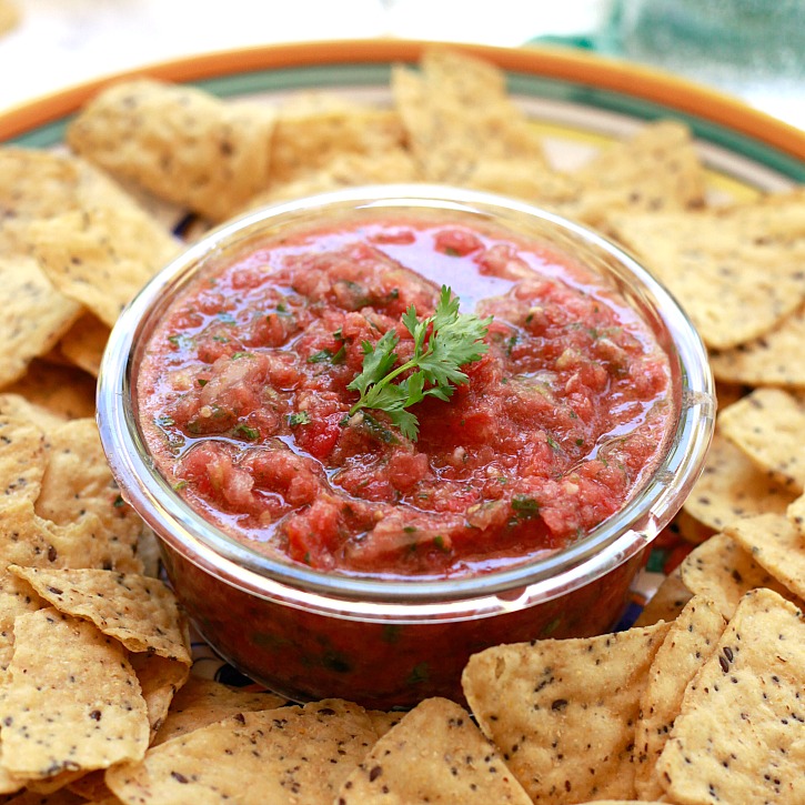 Easy salsa made in the blender with fresh tomatoes is perfect with chips. 