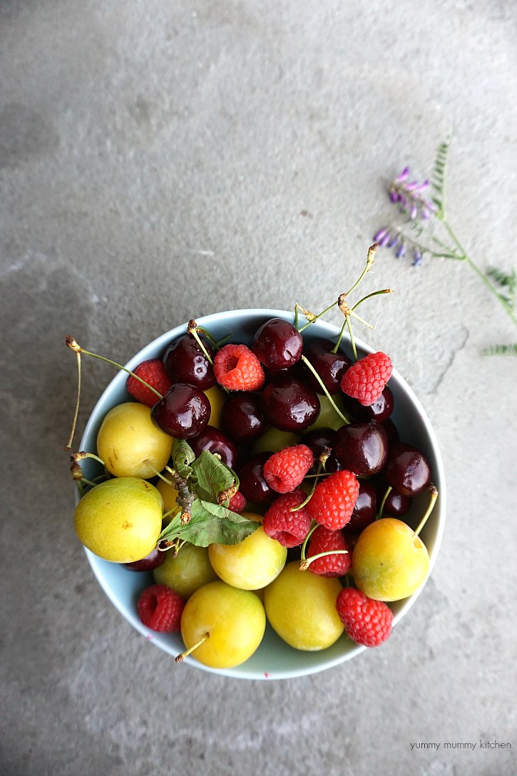 A bowl of beautiful summer fruit from Tuscany Italy. 