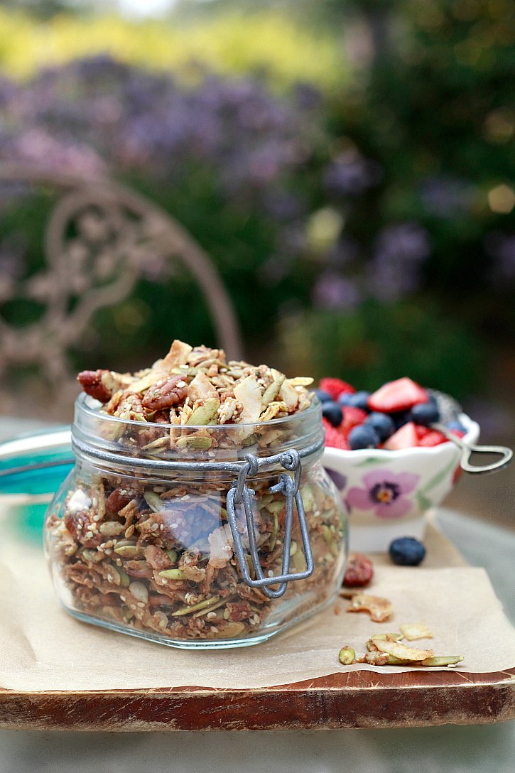 Light and crispy grain free granola made with seeds, nuts, coconut oil, and maple syrup. 
