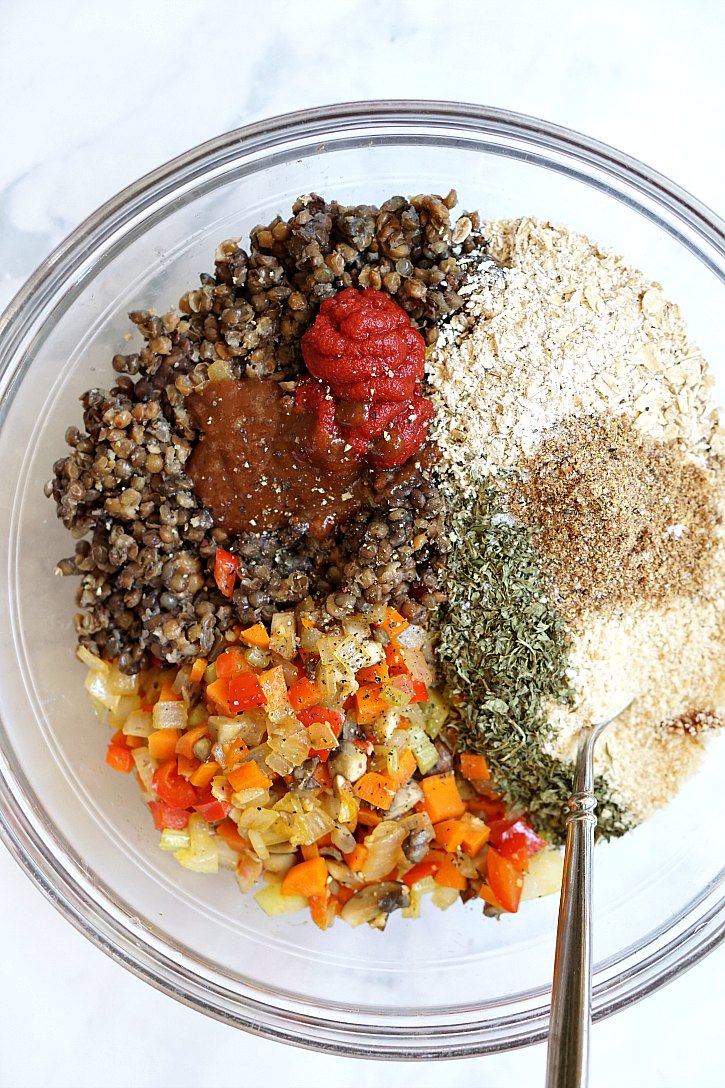 Vegan meatloaf ingredients include veggies, lentils, breadcrumbs, and oats. 