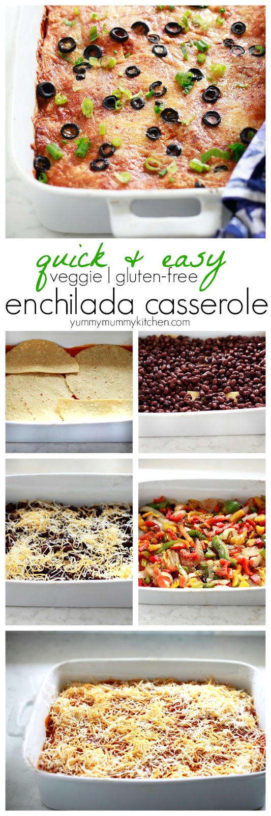 A collage of steps showing how to make an enchilada casserole. Layering beans, tortillas, peppers, and cheese. 