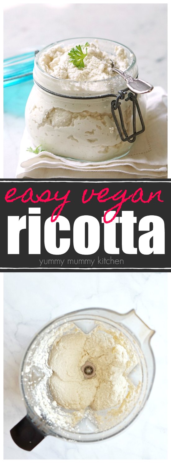 This is the BEST vegan ricotta recipe! It's made with almonds and easy to make in the blender. Use it for vegan lasagna or spread on crackers. It's so delicious! 