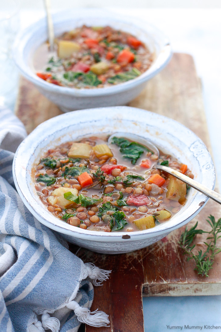 This easy, healthy, and delicious vegan lentil vegetable soup is made in the Instant Pot pressure cooker. 