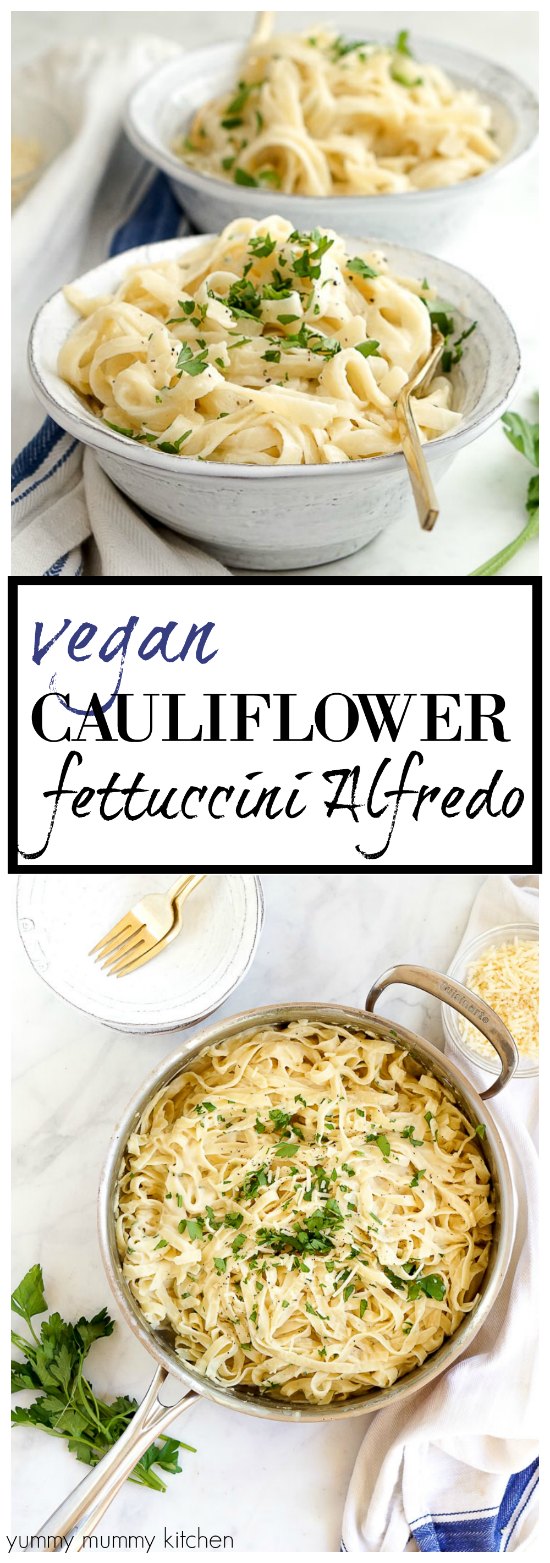 This vegan cauliflower fettuccini Alfredo is so creamy and satisfying, and so much healthier than the original! With a cauliflower base, this recipe is easy to make gluten-free. This recipe is from the Fuss-Free Vegan #cookbook. 