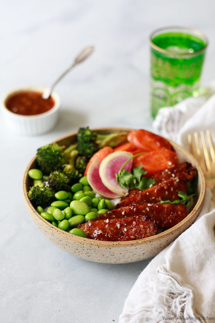 Homemade teriyaki sauce served with a vegan teriyaki tempeh bowl. This easy teriyaki sauce recipe is so delicious and easy. 