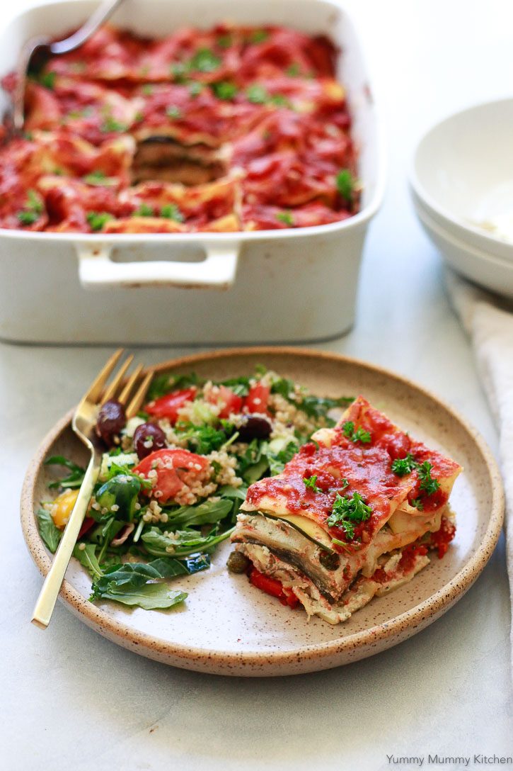 This beautiful vegetable lasagna has layers of almond ricotta, zucchini, and eggplant. 