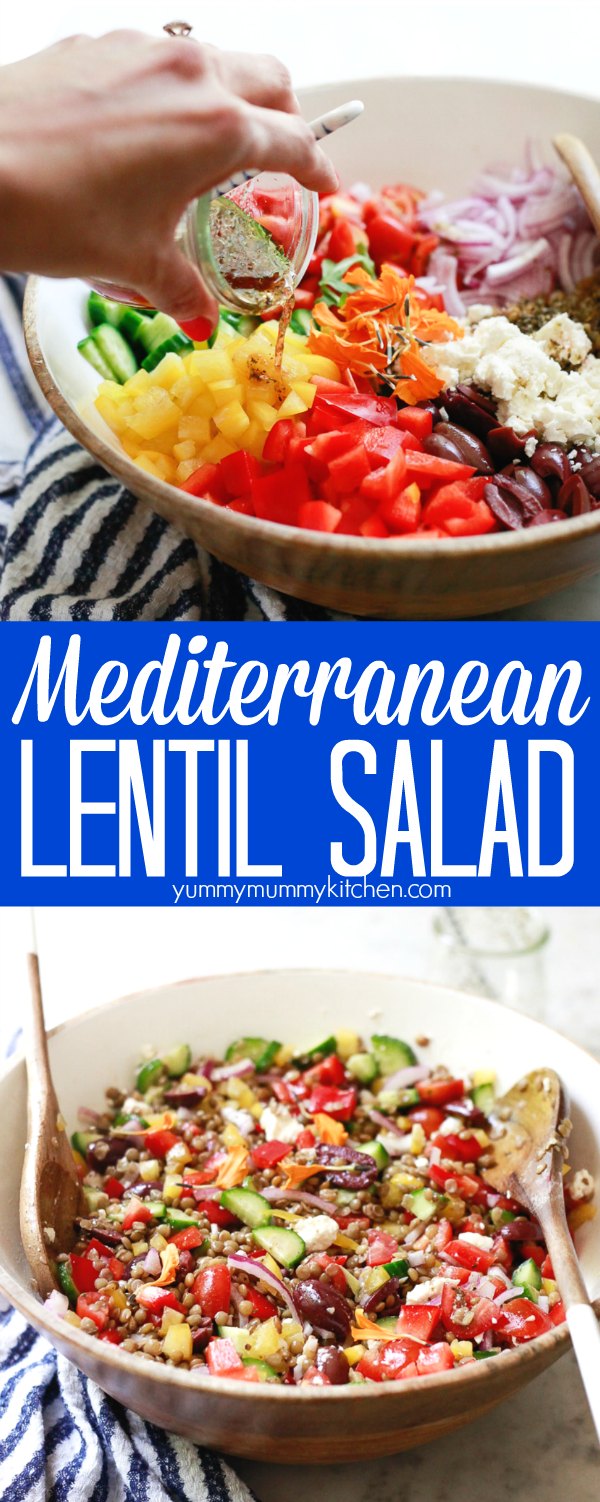 A delicious Mediterranean lentil salad made with cold green lentils, tomatoes, cucumber, olives, and a Greek style vinaigrette. This cold lentil salad is vegetarian or vegan and perfect for meal prep as a jar salad recipe.
