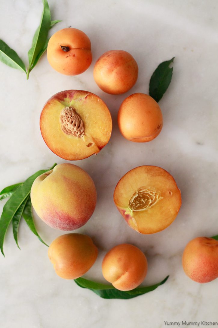 Fresh summer peaches and apricots on a white marble countertop. 