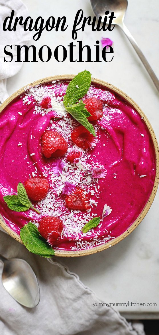 A beautiful pink dragon fruit pitaya smoothie recipe made with mango, coconut milk, and banana. This healthy superfood vegan smoothie is high in antioxidants. Make it as a smoothie bowl or drinkable smoothie. 