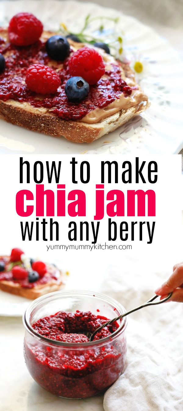 An easy chia jam recipe that works with any berry. Find out how to make healthy raspberry, blueberry, or strawberry chia jam with no added sugar. This easy refrigerator chia jam recipe is delicious on toast, pancakes, and vegan breakfast bowls. It's naturally vegan and gluten free. 