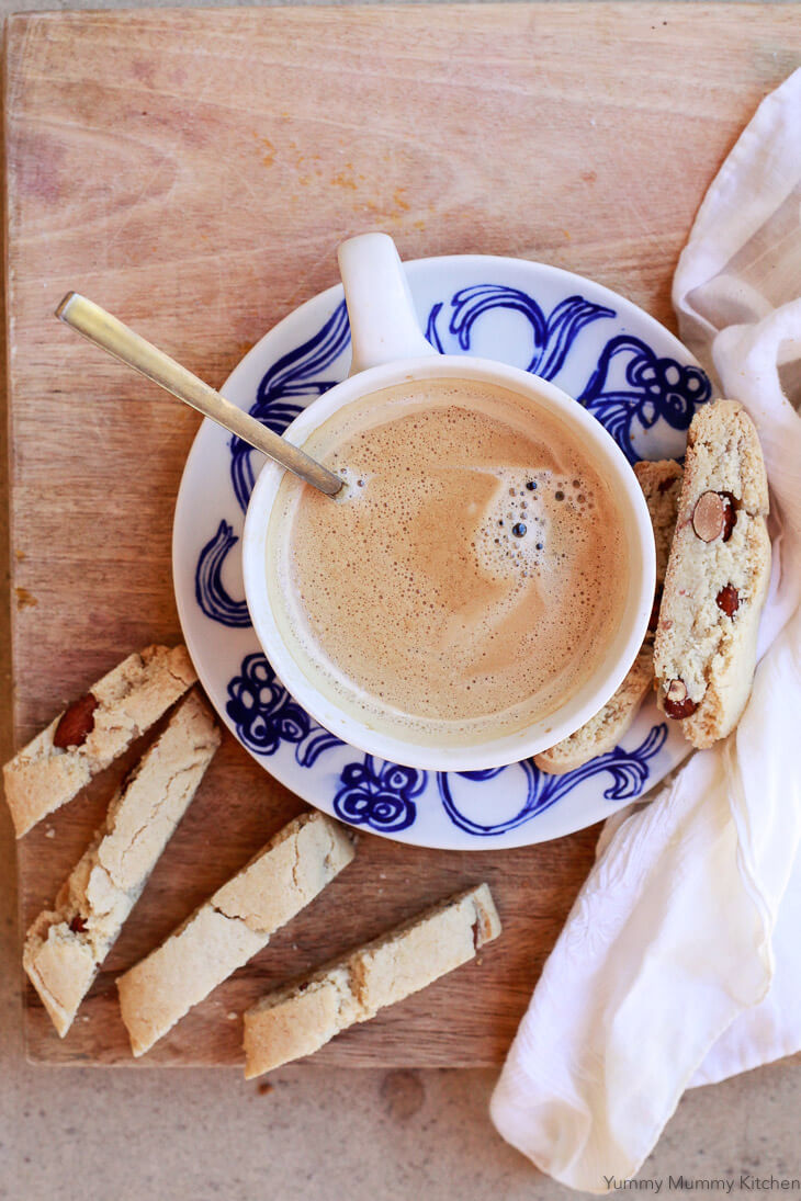 Coffee with almond flour cantucci or biscotti. This gluten free biscotti recipe is perfect for dunking in coffee! 