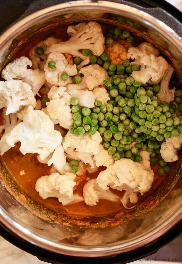 Instant Pot Indian Cauliflower and Pea Coconut Curry Recipe (Gobi Matar Korma). 