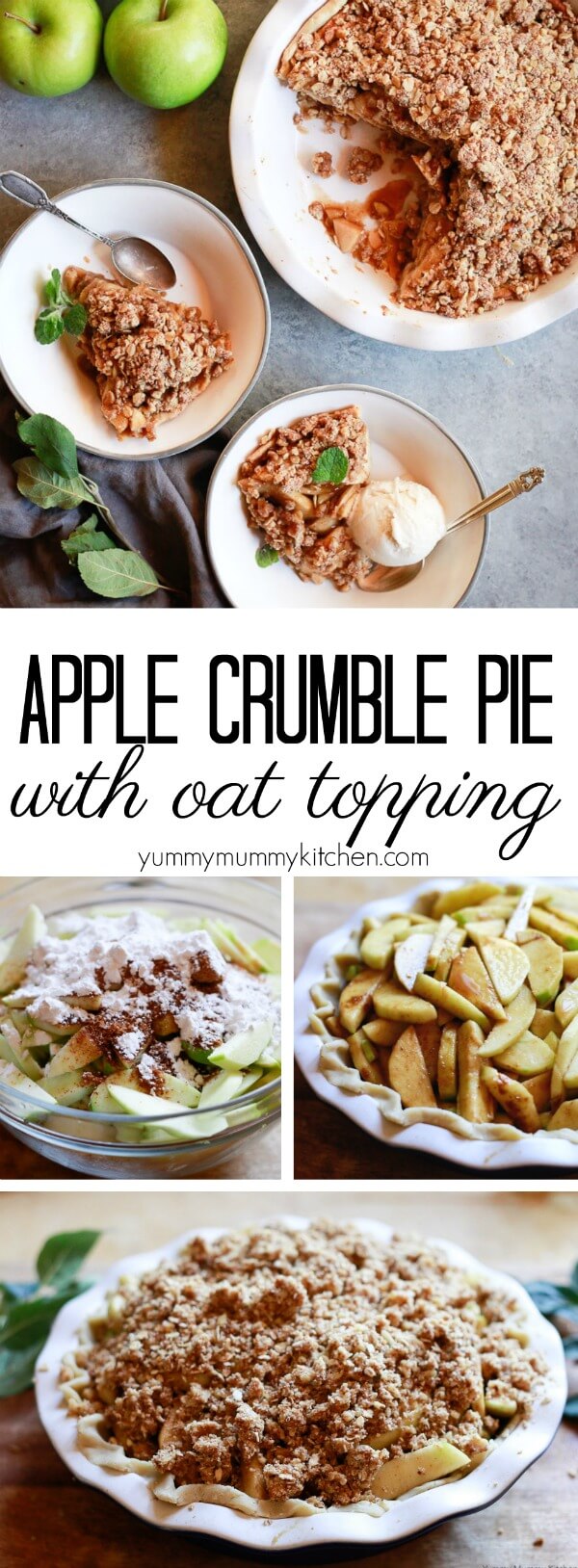 An easy apple crumble pie recipe with an oat topping. Apple crumble pie is easy to make vegan or gluten-free, and is perfect for Thanksgiving and Christmas.