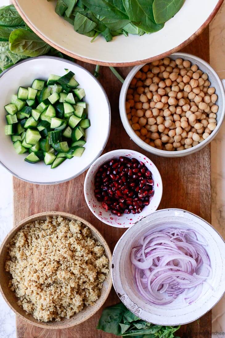 Chickpea Quinoa Salad with Spinach and Pomegranate