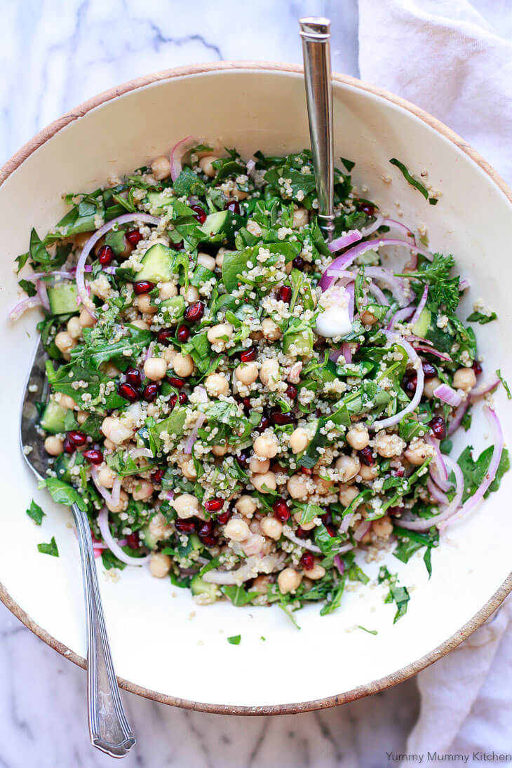 Chickpea Quinoa Salad with Spinach and Pomegranate